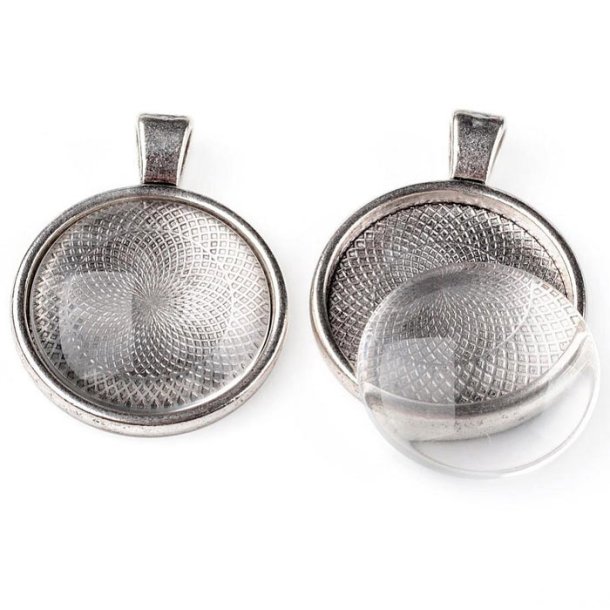 Picture frame with bail for necklace, round with clear glass, metal, outer diameter 28 mm, 10 sets
