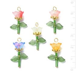 Blume mit Blttern, mehrfarbig, Glas, Kunststoff, Messing, ca. 28,5x17x10 mm, 5 Stck