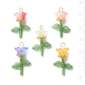 Blume mit Blttern, mehrfarbig, Glas, Kunststoff, Messing, ca. 28,5x17x10 mm, 5 Stck