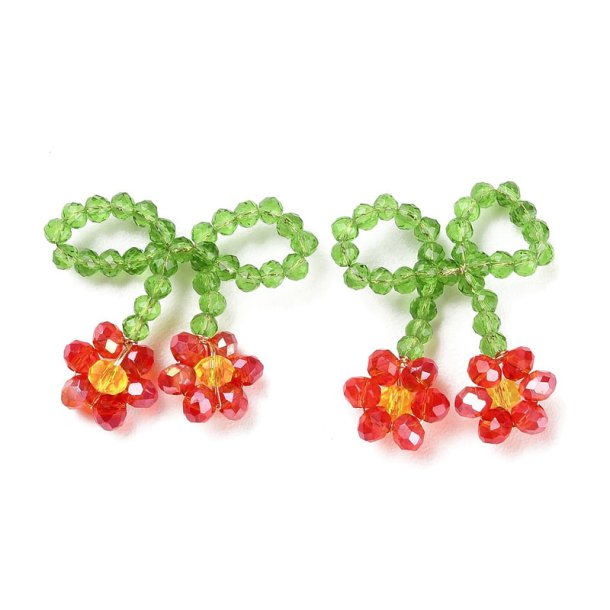Pendant, flower bow, red and green, crystal figurine, 30x30x3 mm, 1 pc