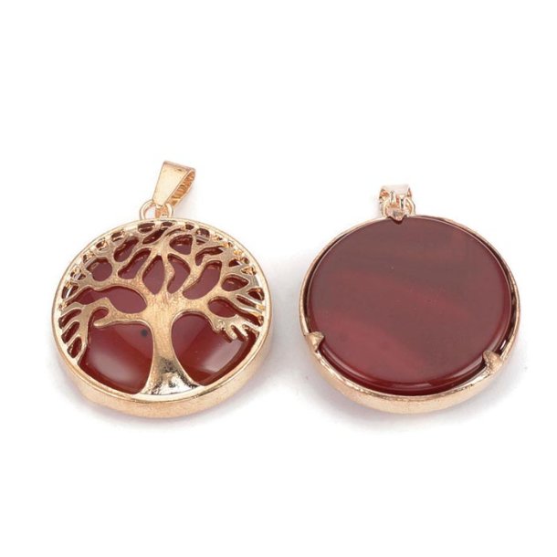 Goldplated charm, carnelian, red-brownish, round with tree of life, 30.5x27x8mm. 1pcs.