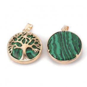 Vergoldeter Anhänger, Malachit (imitation), rund mit Baum des Lebens, 30.5x27x8mm. 1 stk