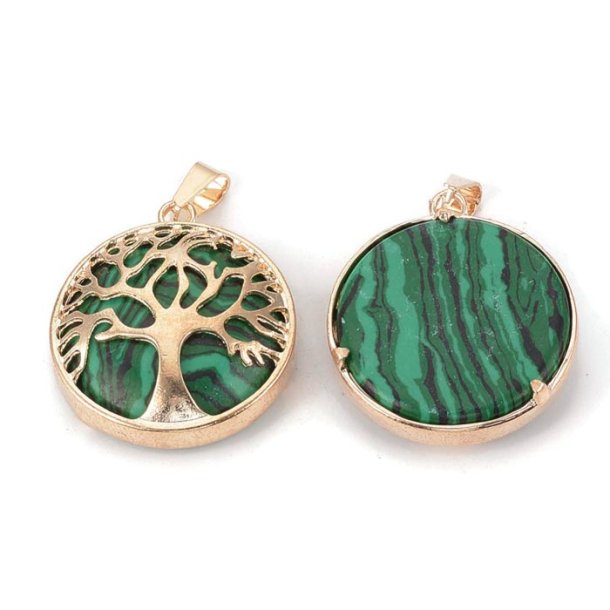 Goldplated charm, Malachite (synthetic), round with tree of life, 30.5x27x8mm. 1pcs.