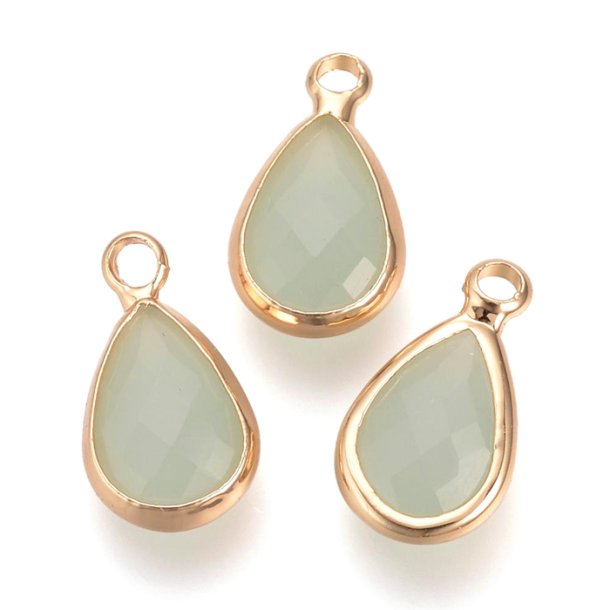 Glass charm, gilded teardrop, opaque, dusty green/gray, 18x11mm, 1pc