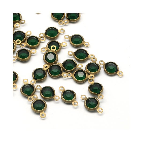 glass link with two eyes, brass setting, round, dark green, 12x6mm, 4pcs