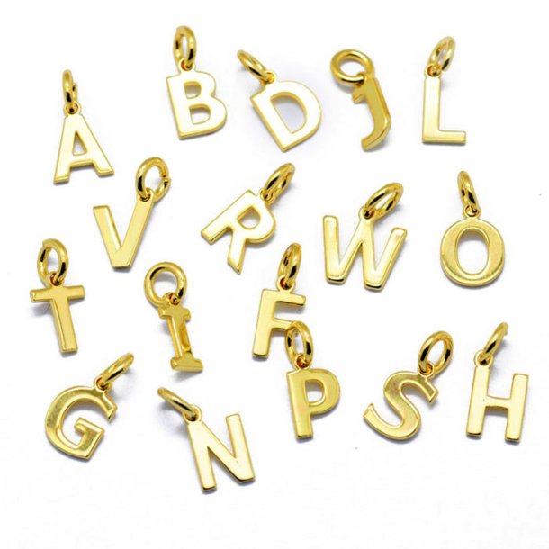 Letter pendant or charm, shiny, gold plated silver, ca. 9x4-8x0.8mm. 1pc