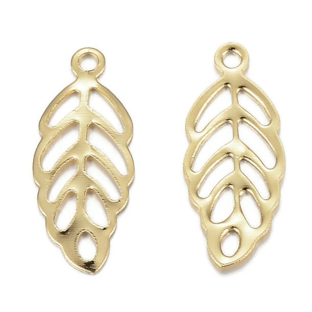 Leaf pendant, uneven, Gold-plated brass, 13X5.5 mm, 10 pcs.
