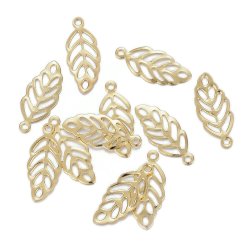 Blatt-Anh&auml;nger, ungleichm&auml;&szlig;ig, Messing vergoldet, 13X5,5 mm, 10 St&uuml;ck.