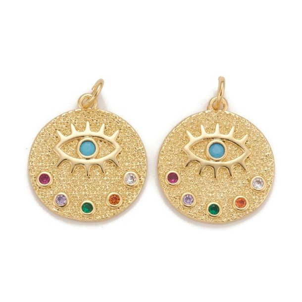 Pendant, round with eye and loop, zircons, gold plated brass, 20x18x2mm, 1 piece