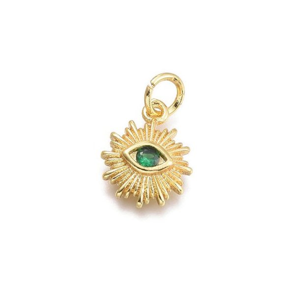 Sun pendant with eye and zircon, gold-plated brass, deep green, 12.5x10x2.7mm, 1 piece