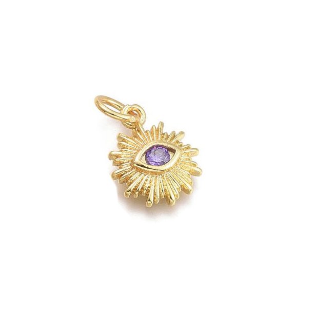 Sun pendant with eye and zircon, gold-plated brass, light purple, 12.5x10x2.7mm, 1 piece