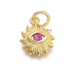 Sonnenanh&auml;nger mit Auge und Zirkon, vergoldetes Messing, dunkelrosa, 12.5x10x2.7mm, 1 Stk