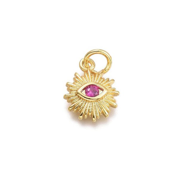 Sun pendant with eye and zircon, gold-plated brass, dark pink, 12.5x10x2.7mm, 1 piece