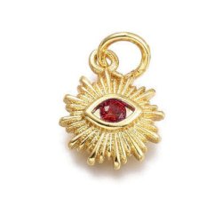 Sonnenanh&auml;nger mit Auge und Zirkonia, vergoldetes Messing, rubinrot, 12.5x10x2.7mm, 1 Stk