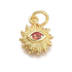 Sun pendant with eye and orange zircon, gold-plated brass, 12.5x10x2.7mm, 1 pc