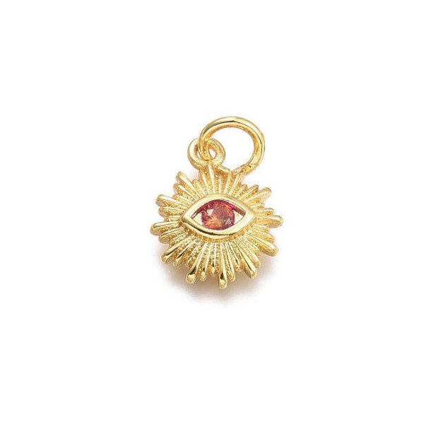 Sun pendant with eye and orange zircon, gold-plated brass, 12.5x10x2.7mm, 1 pc