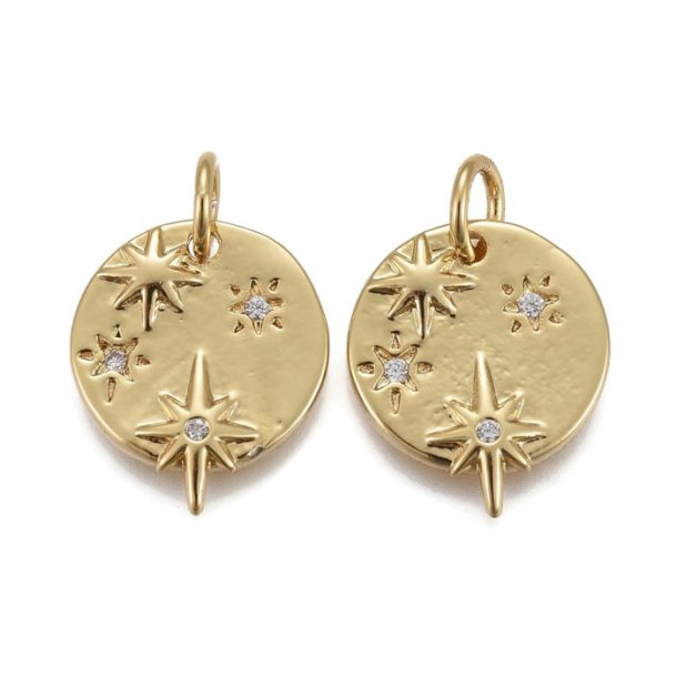 Pendant, round with star, loop and CZ, gold plated brass, 14x12x2mm, 1 pc
