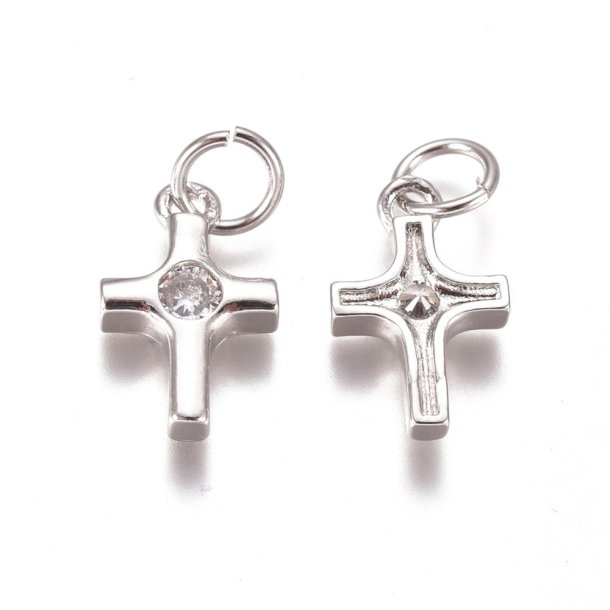 Cross Pav&eacute; with eye and 1 zircon, platinum-plated brass, pendant with loop, 12x8mm, 2 pcs
