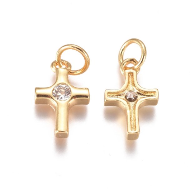 Kreuz Pav&eacute; mit &Ouml;se und 1 Zirkon, Messing vergoldet, Anh&auml;nger mit &Ouml;se, 12x8mm, 2 Stk.