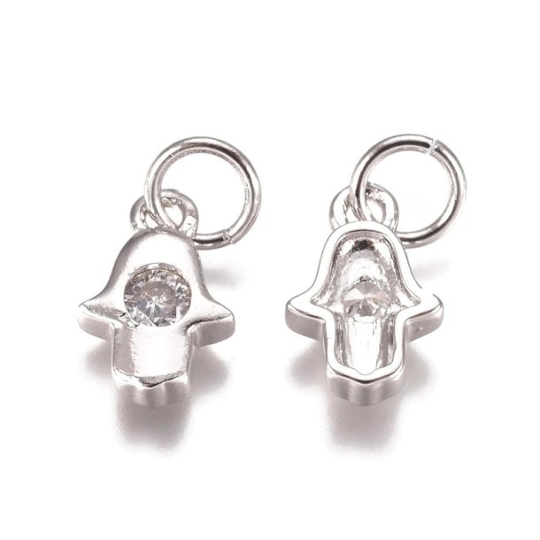 Fatima's hand pendant, 1 zircon Pav&eacute;, platinum plated brass, with loop, 10x6.5mm, 2 pcs