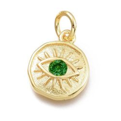 Augen-Anh&auml;nger mit &Ouml;se, Auge und Zirkon, Messing vergoldet, Gr&uuml;n, 12,5x10x2,7mm, 1 Stk