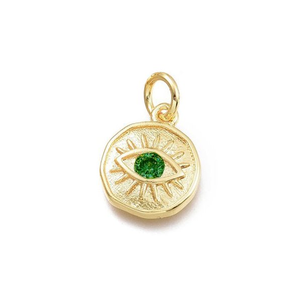 Augen-Anh&auml;nger mit &Ouml;se, Auge und Zirkon, Messing vergoldet, Gr&uuml;n, 12,5x10x2,7mm, 1 Stk