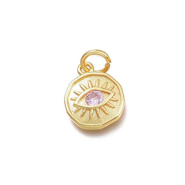Augen-Anh&auml;nger mit &Ouml;se, Auge und Zirkon, Messing vergoldet, Rosa, 12,5x10x2,7mm, 1 Stk
