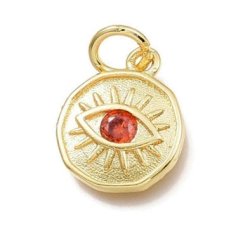 Augen-Anh&auml;nger mit &Ouml;se, Auge und Zirkon, Messing vergoldet, orange-rot, 12,5x10mm, 1 Stk