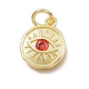 Eye pendant w. loop, eye and zircon, gold plated brass, orange red, 12.5x10mm, 1pc