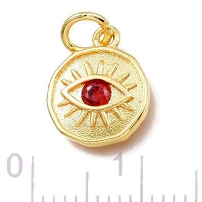 Augen-Anhänger mit Öse, Auge und Zirkon, Messing vergoldet, Dunkelrot,  12,5x10x2,7mm, 1 Stk