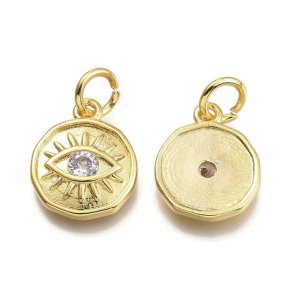 Eye pendant with loop, eye and zircon, gold plated brass, clear, 12.5x10x2.7mm, 1 pc