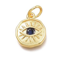 Augen-Anh&auml;nger mit &Ouml;se, Auge und Zirkon, Messing vergoldet, Dunkelblau, 12,5x10x2,7mm, 1 Stk