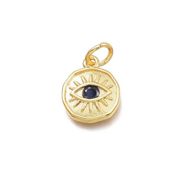 Augen-Anh&auml;nger mit &Ouml;se, Auge und Zirkon, Messing vergoldet, Dunkelblau, 12,5x10x2,7mm, 1 Stk