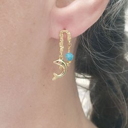 Dolphin with pink CZ, pendant, 18k gold-plated brass, 13.5x9 mm, 2 pcs