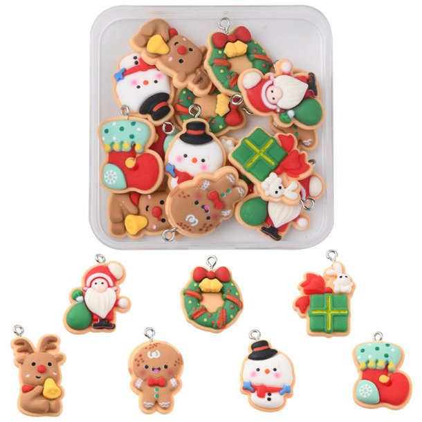 Christmas figurines pendant, Plastic, 7 different, approx. 20-30x18 mm, 14 pcs