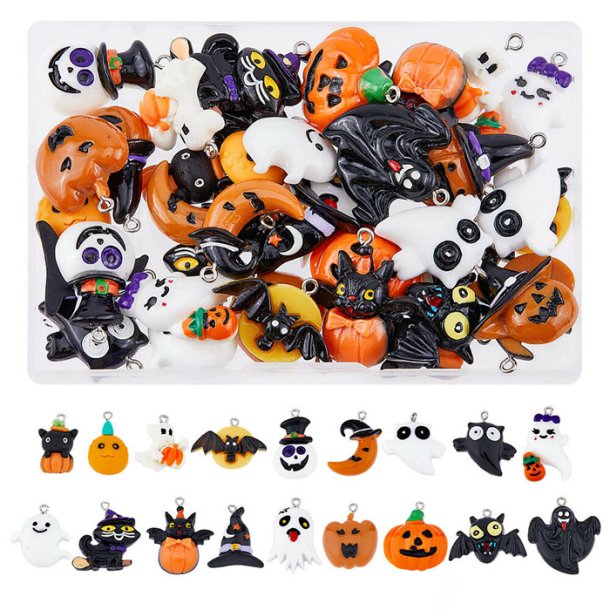 Halloween pendant, plastic, mixed motifs, 22.5-34x17-30mm, 40 pcs