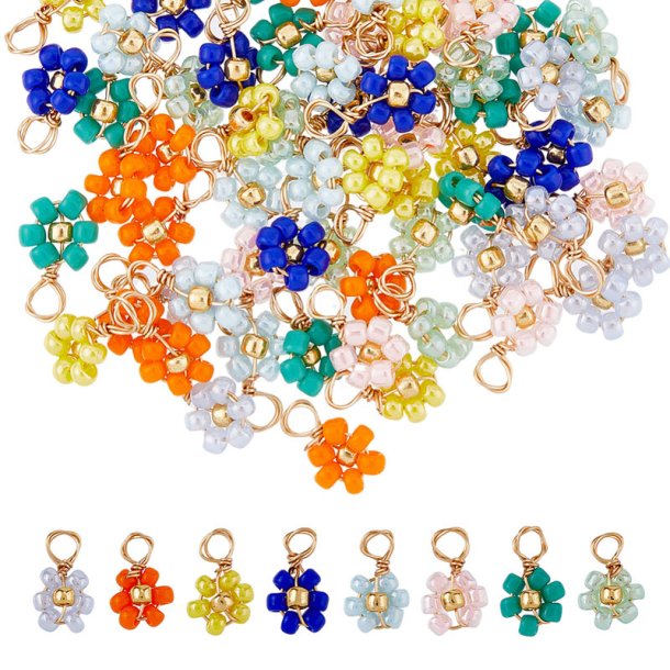 Pendant, small flower, mixed colours, seed beads, 10x5.5 mm, 6 pcs