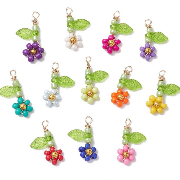 Pendant, flowers, mixed colours, seed bead figure, appx. 12x19 mm, 4 pcs