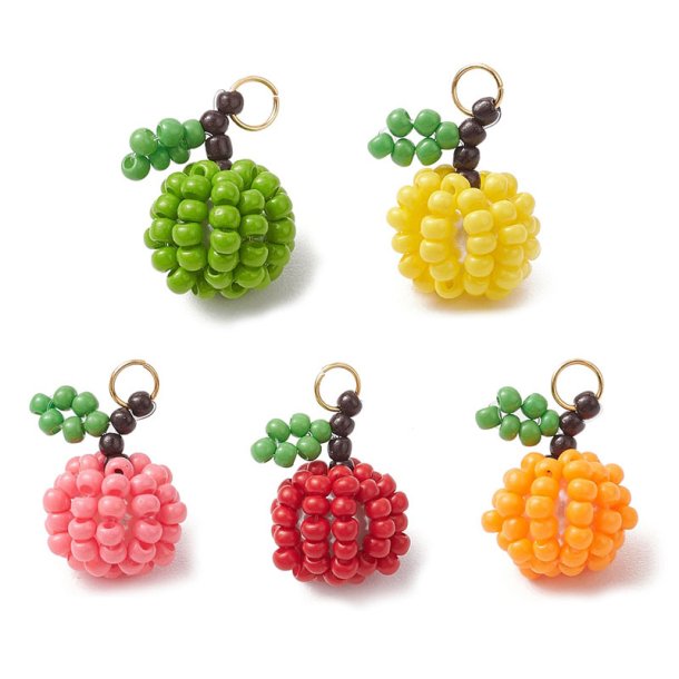 Pendant, apple made of seed beads, 5 colours: orange, red, green, pink, yellow, 16x10 mm, 5 pc