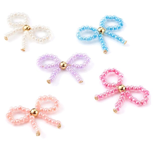Pendant, bow, mixed colours, seed bead figure, approx. 23x12 mm, 5 pcs