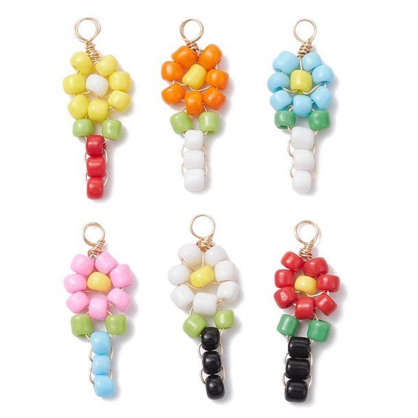 Pendant, flower with stem leaf, seed beads, approx. 25x8 mm, 6 pcs