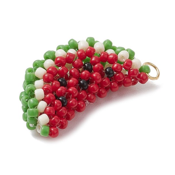 Pendant, Watermelon, seed bead figure, red and green, appx. 27x16 mm, 1 pc