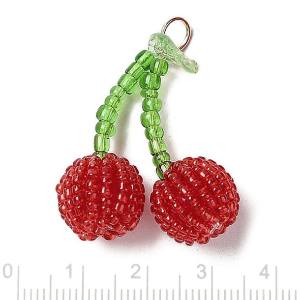 Pendant, red cherry with leaf and eyelet, seed beads, approx. 33x26x13 mm, 1 pc