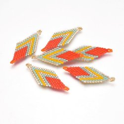 Seed bead connector, rhombus, orange-red, 43x17.6 mm, 1 pc