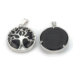 Versilbert Anh&auml;nger, Blau-goldener Sandstein, rund mit Baum des Lebens, 30.5x27x8mm,. 1 stk