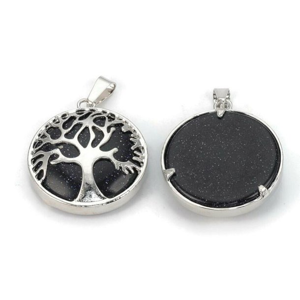 Silverplated Blue Golden Sandstone, round with tree of life, 30.5x27x8mm,, 1pcs.