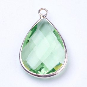 Glass charm, silver plated teardrop, light green, 18x11mm, 1pc.
