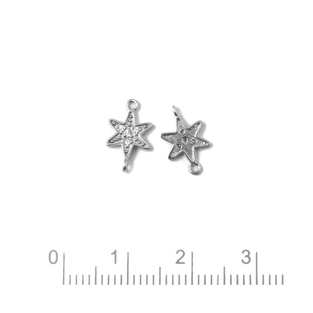 Connector, star with Zirkon, two eyes, Sterling silver, 13x8mm, 1pc.