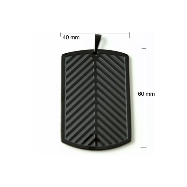 Dog tag, extra large dog tag w. pattern and smooth back, black steel, 60x40x3mm, 1pc.