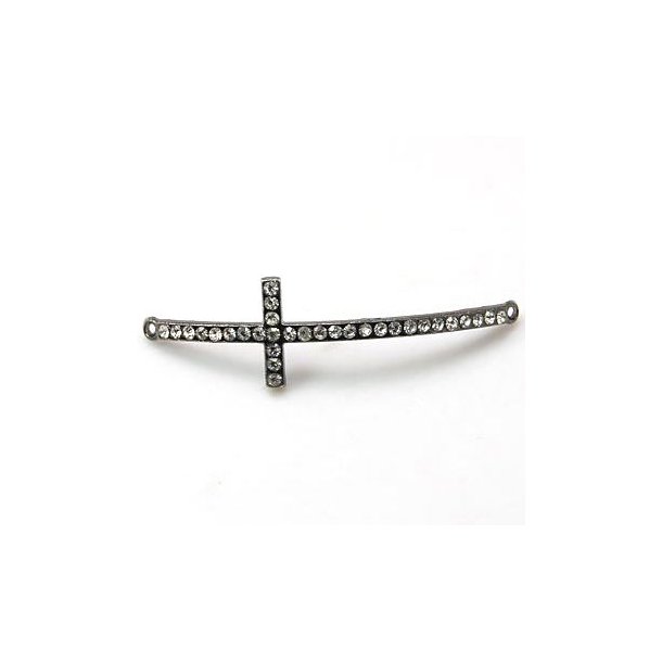 Pendant, black long curved cross w. crystals and eye at both ends, 53x15x3mm, 1pc.
